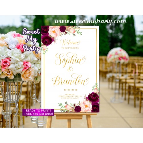 Burgundy Wedding Welcome Sign,Floral Wedding Welcome sign,(61cw)